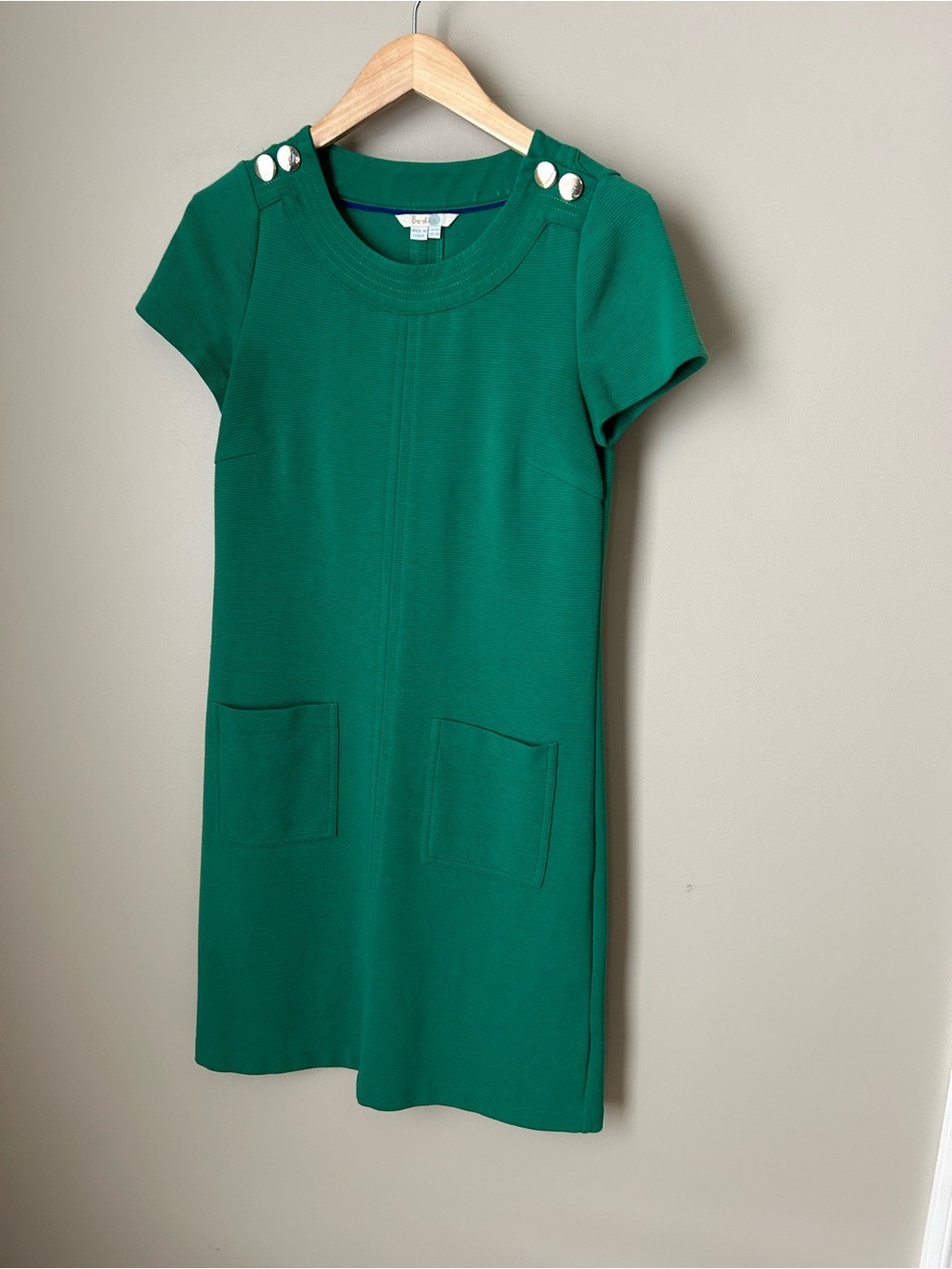 Boden Girls Green Short Sleeve Pocket Dress with Button Shoulder